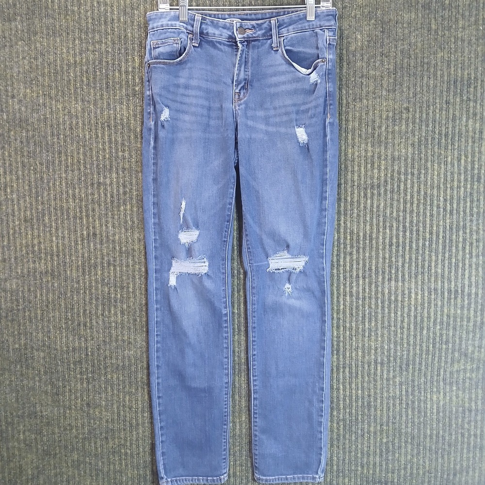 Old‎ Navy Power Straight Distressed Ripped Jeans Women 8 Long Blue Denim